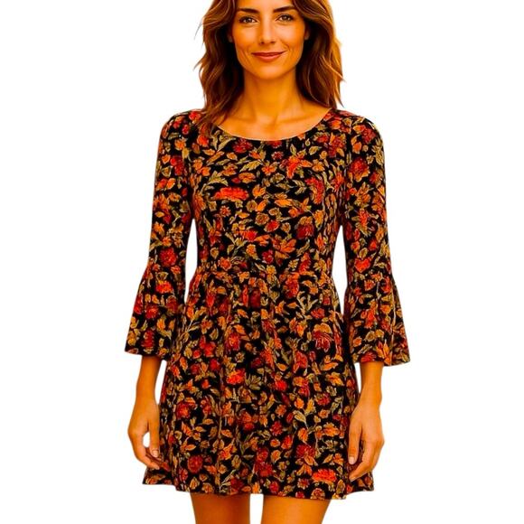 H&M Divided Y2K Floral Mini Dress Bell Sleeves Drop Waist Size 4 Vintage Retro - Picture 1 of 15